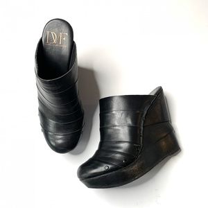 Diane Von Furstenberg Black Leather Wedge Clogs
